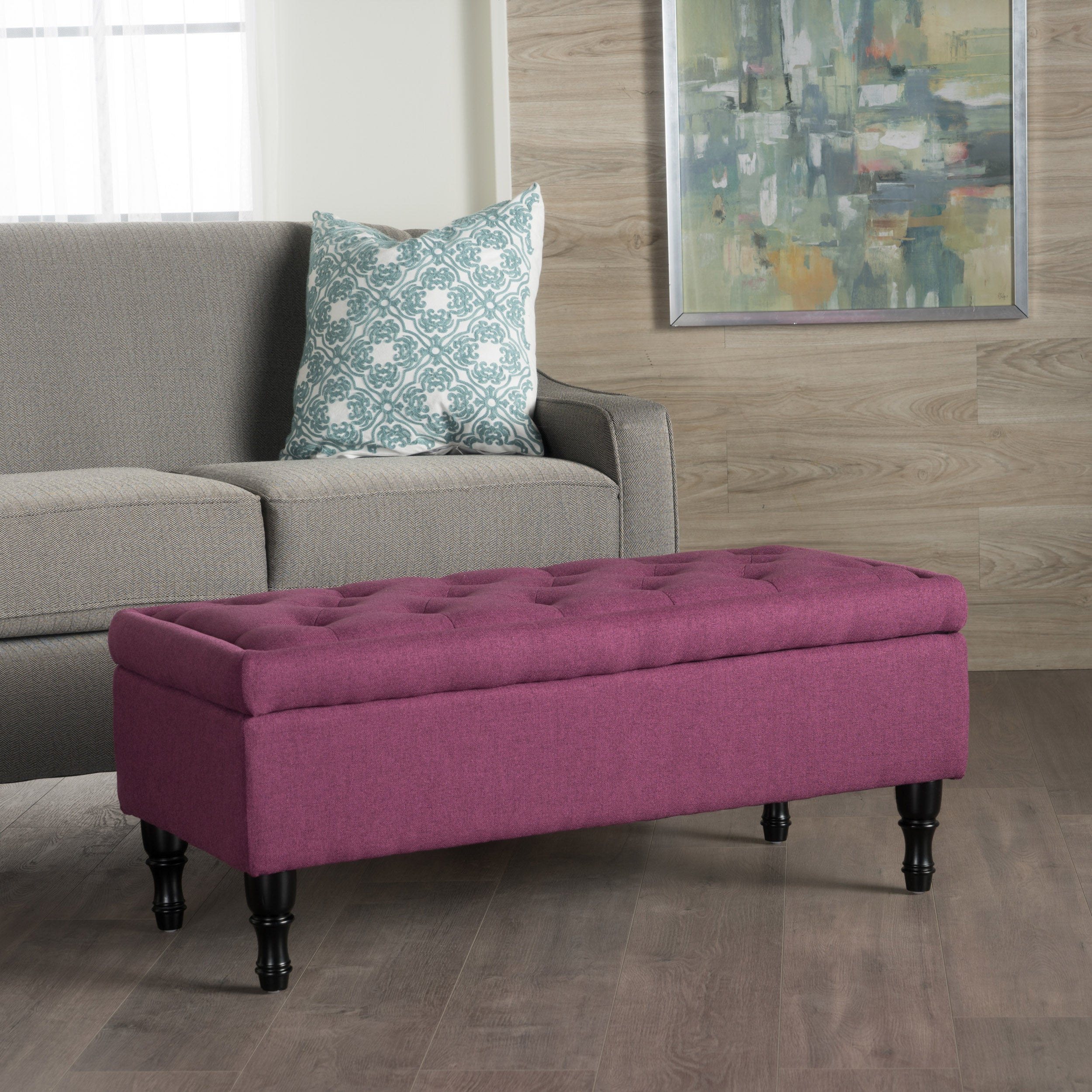 Constance Button Tufted Fabric Rectangle Storage Ottoman Bench w/ Turned Legs