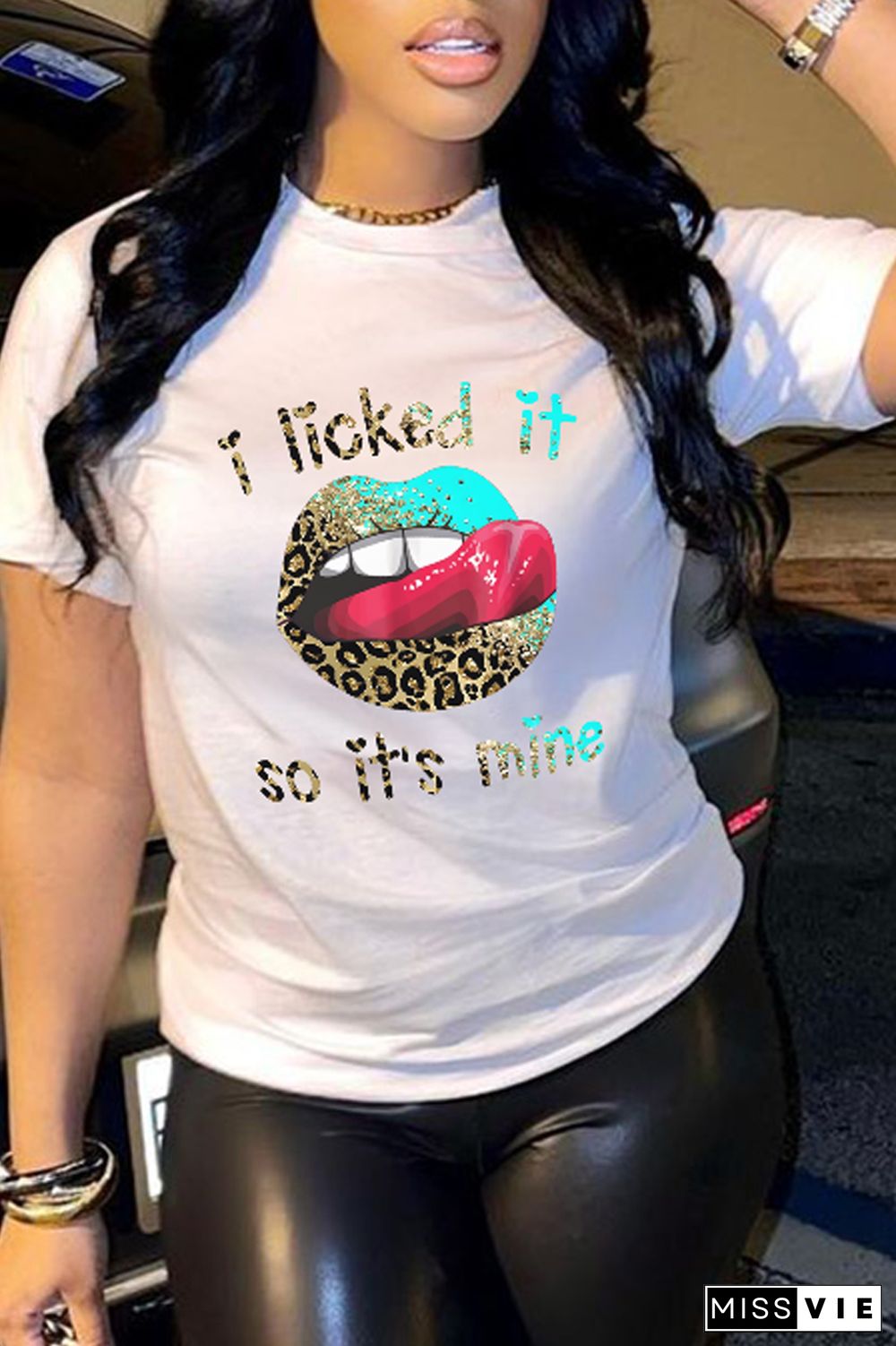 Black Casual Street Print Lips Printed Patchwork O Neck T-Shirts