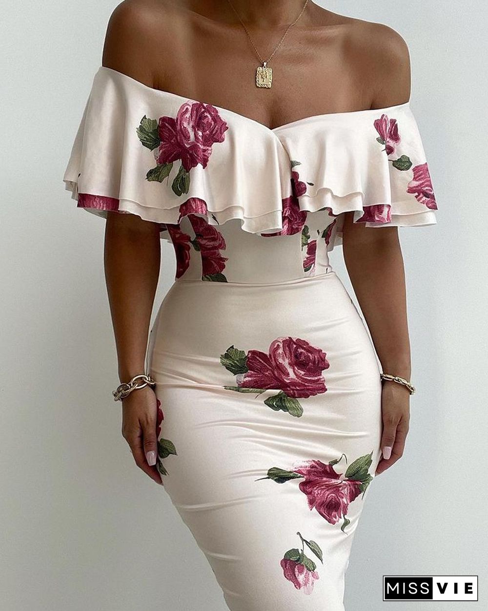 Floral Print Off Shoulder Ruffles Skinny Dress