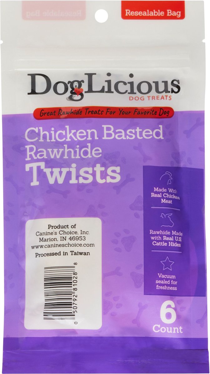 Canine's Choice DogLicious Chicken Basted Rawhide Twists Dog Treats， 6 count