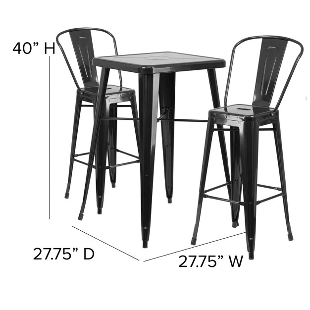 Square Metal Indoor outdoor Bar Table Set With 2 Stools With Backs