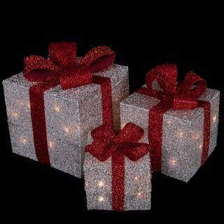 9 in. Christmas Outdoor Decorations Silver Tinsel Gift Boxes with Red Bows Lighted (3-Pack) 31458001