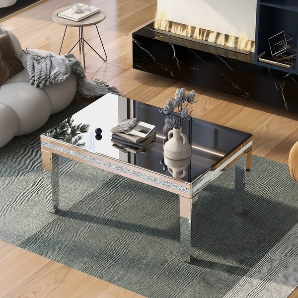 Mirrored Coffee table Silver living room table with crystal detailing and adjustable legs