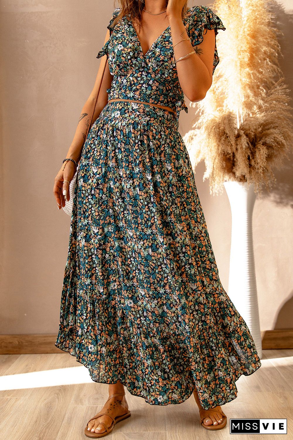 Multicolor Floral Ruffled Crop Top and Maxi Skirt Set