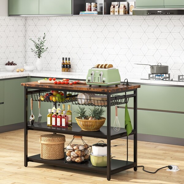 Kitchen Island with Storage Industrial Island Table with Power Outlets and Wire Baskets 3 tier Microwave Oven Stand