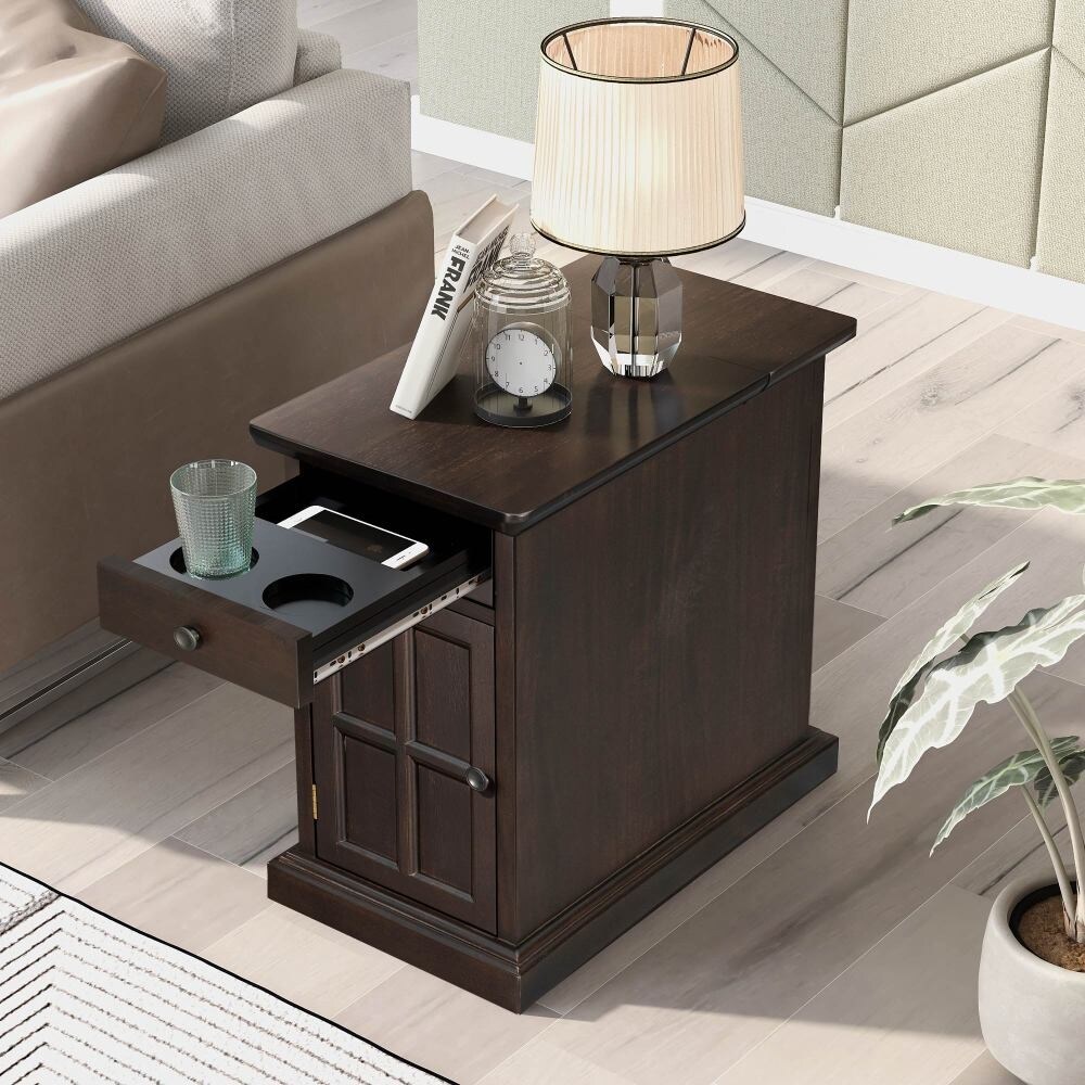 Espresso End Table with USB Ports and 1 Drawer with Cup Holders