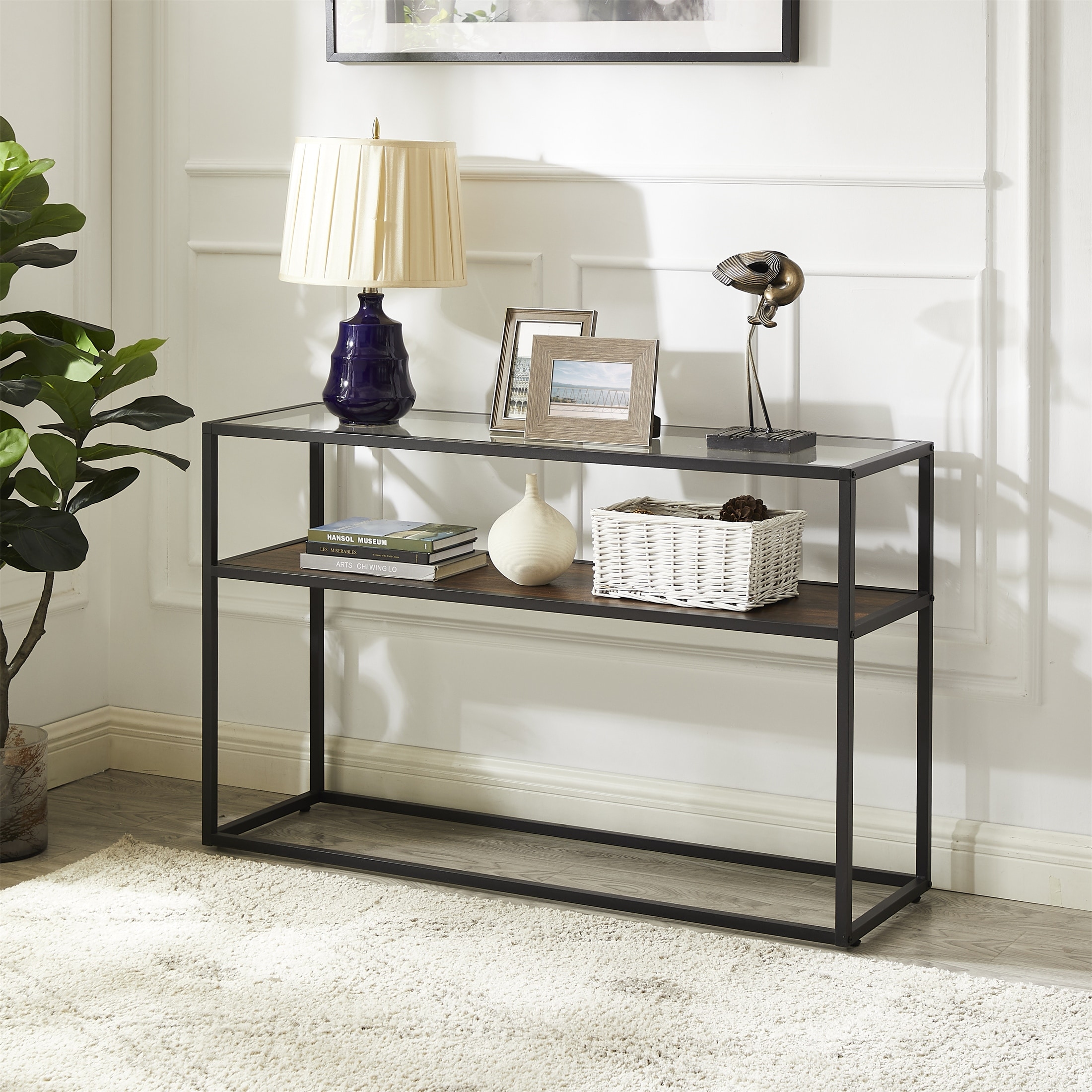 Glass Console Sofa Table Hallway Table Narrow Entryway Table 2 Shelves