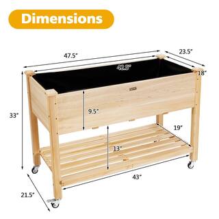 HONEY JOY Wood Elevated Garden Bed with Storage Shelf Wheels and Liner Suitable for Vegetable Flower Herb TOPB004699