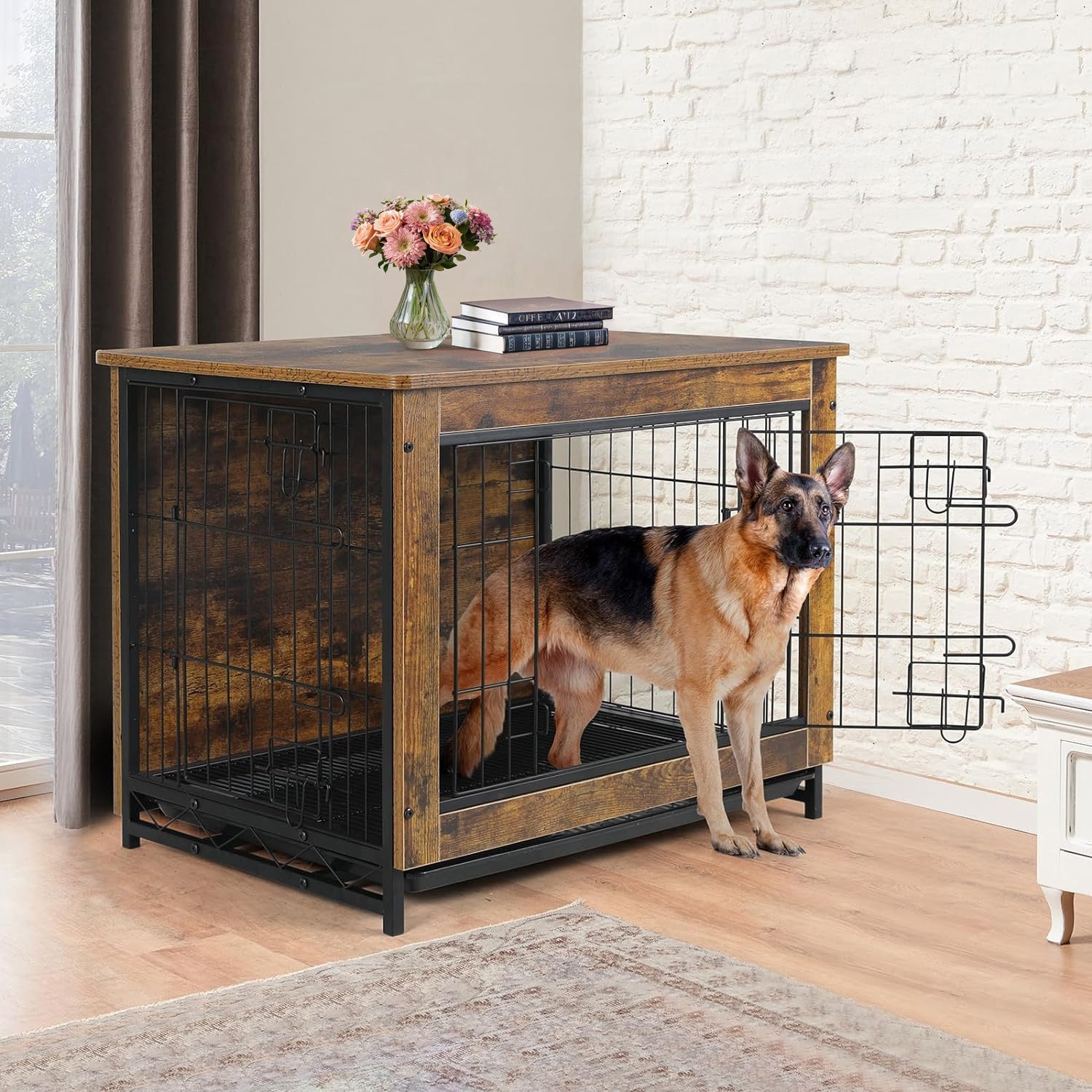 Dog Crate Furniture 44-inch Side End Table, Dog Cage with Pull-Out Removable Tray for Large Pets