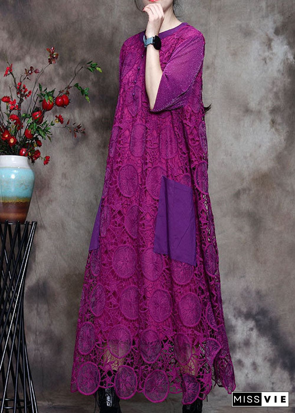 Plus Size Purple Lace Pockets side open Fall Long sleeve Dresses