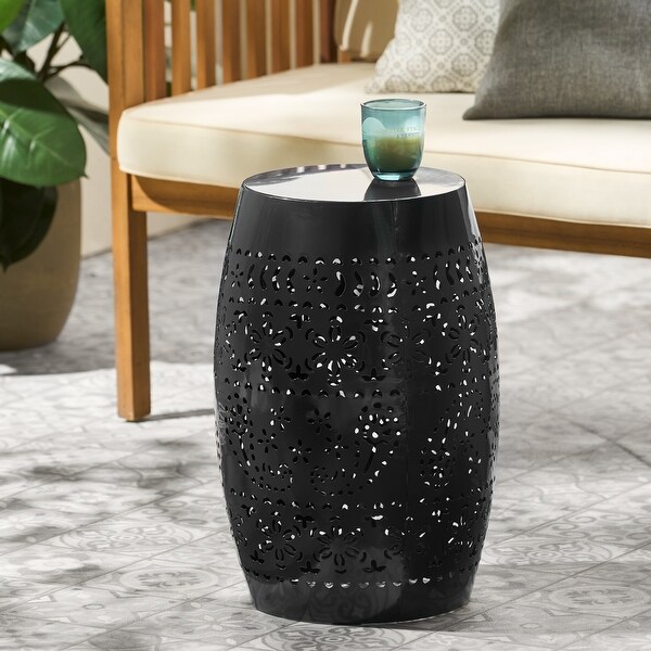 Black Outdoor Side Table with Clean，Precise Lines Finished Barrel Structure Lacecut Design 12.25