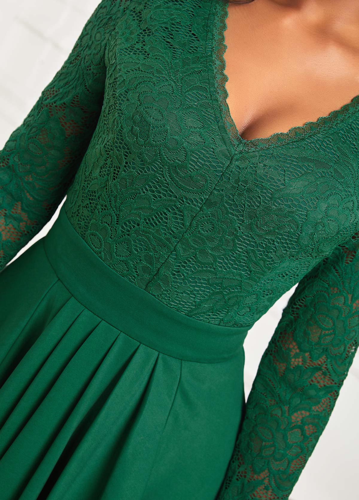Green High Low V Neck Lace Dress
