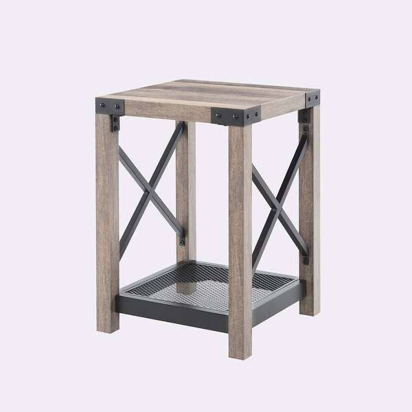 Farmhouse Wood Side Table with Mesh Shelf