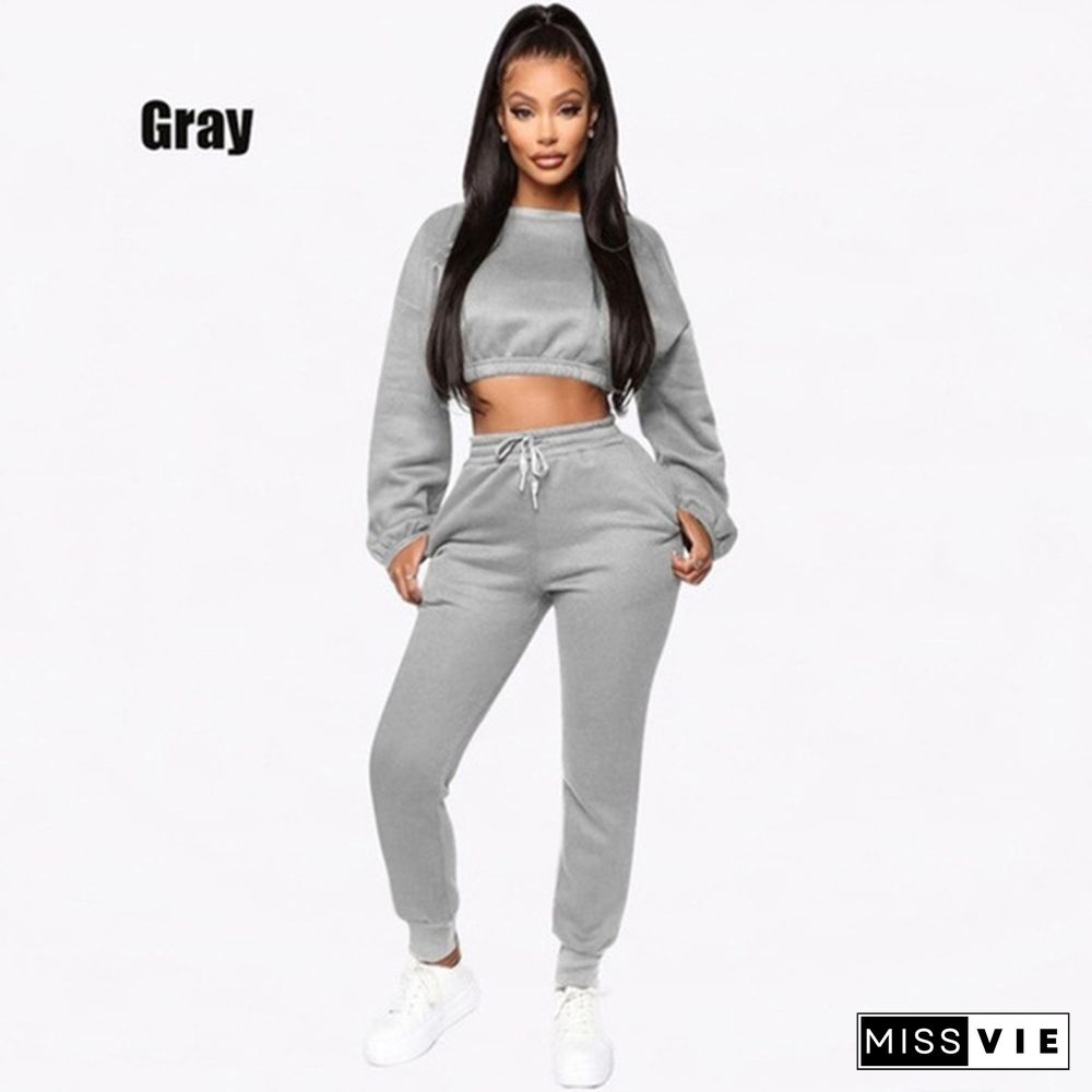 Winter Fleece Hoodies Tops And Pants Two Piece Set Women Tracksuit Crop Top Trousers Casual Sportswear Matching Set