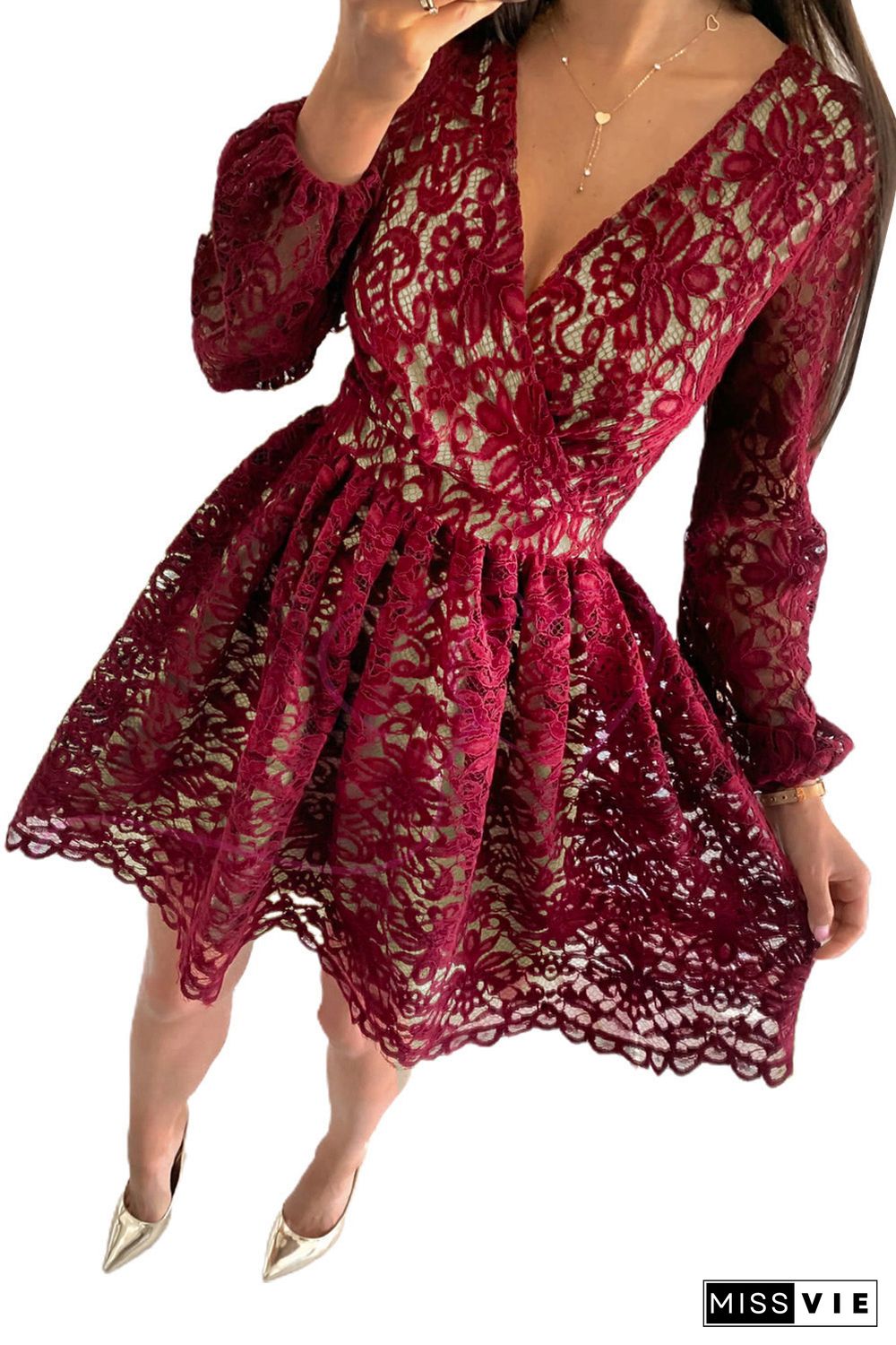 Wine Red V Neck Lace Skater Mini Dress