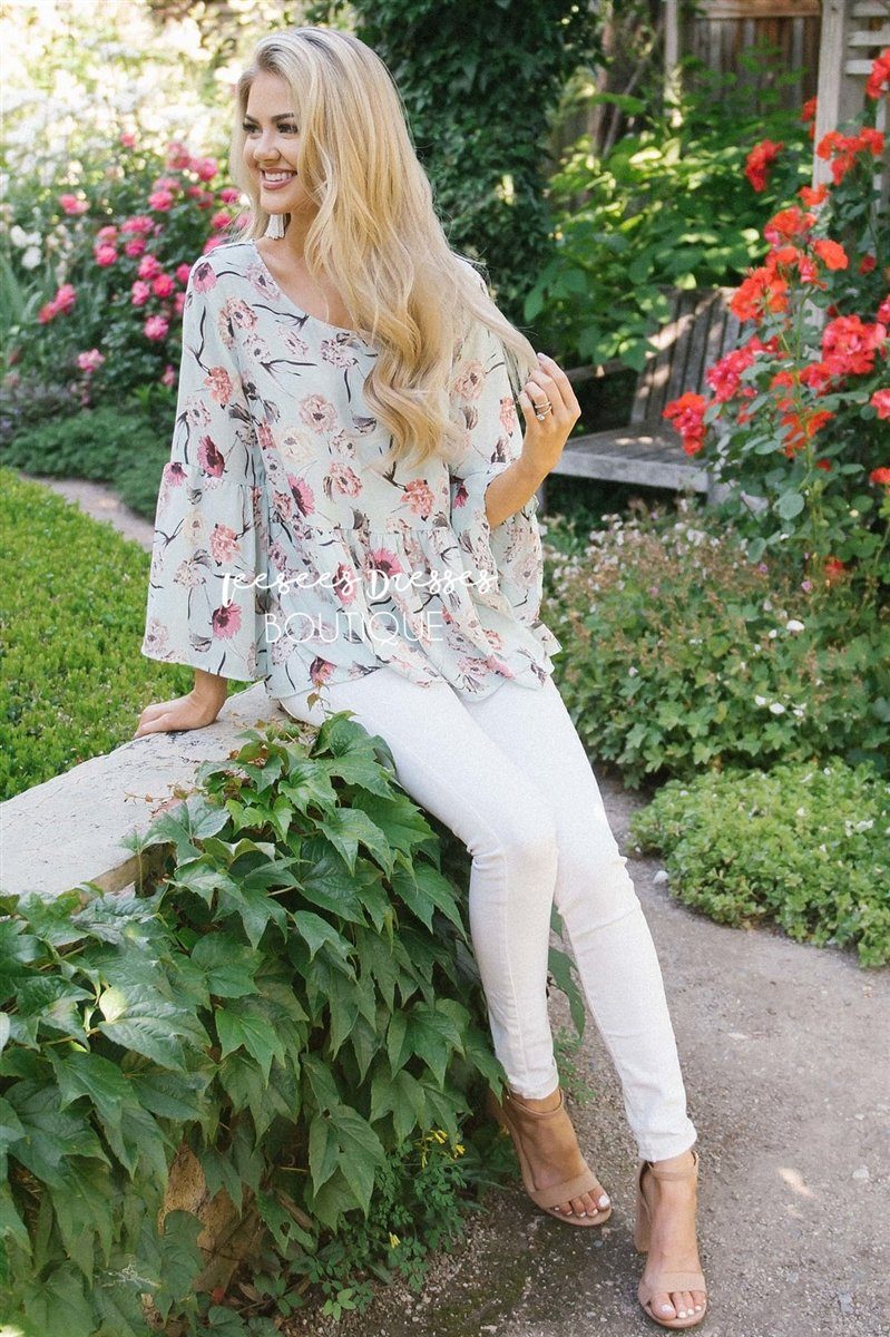 Chiffon Floral Peplum Bell Sleeve Top