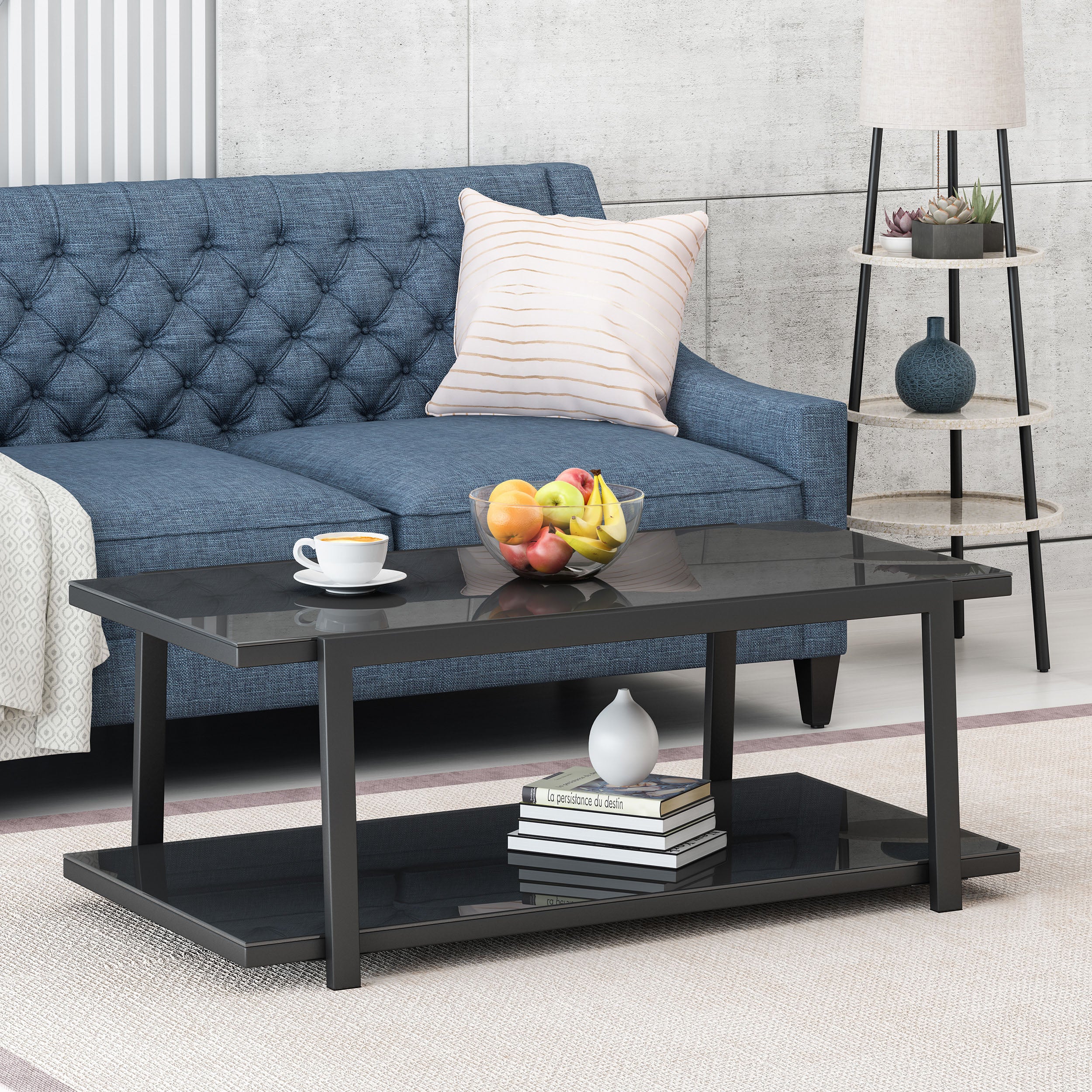 Tilley Modern Glass Top Coffee Table with Shelf, Black