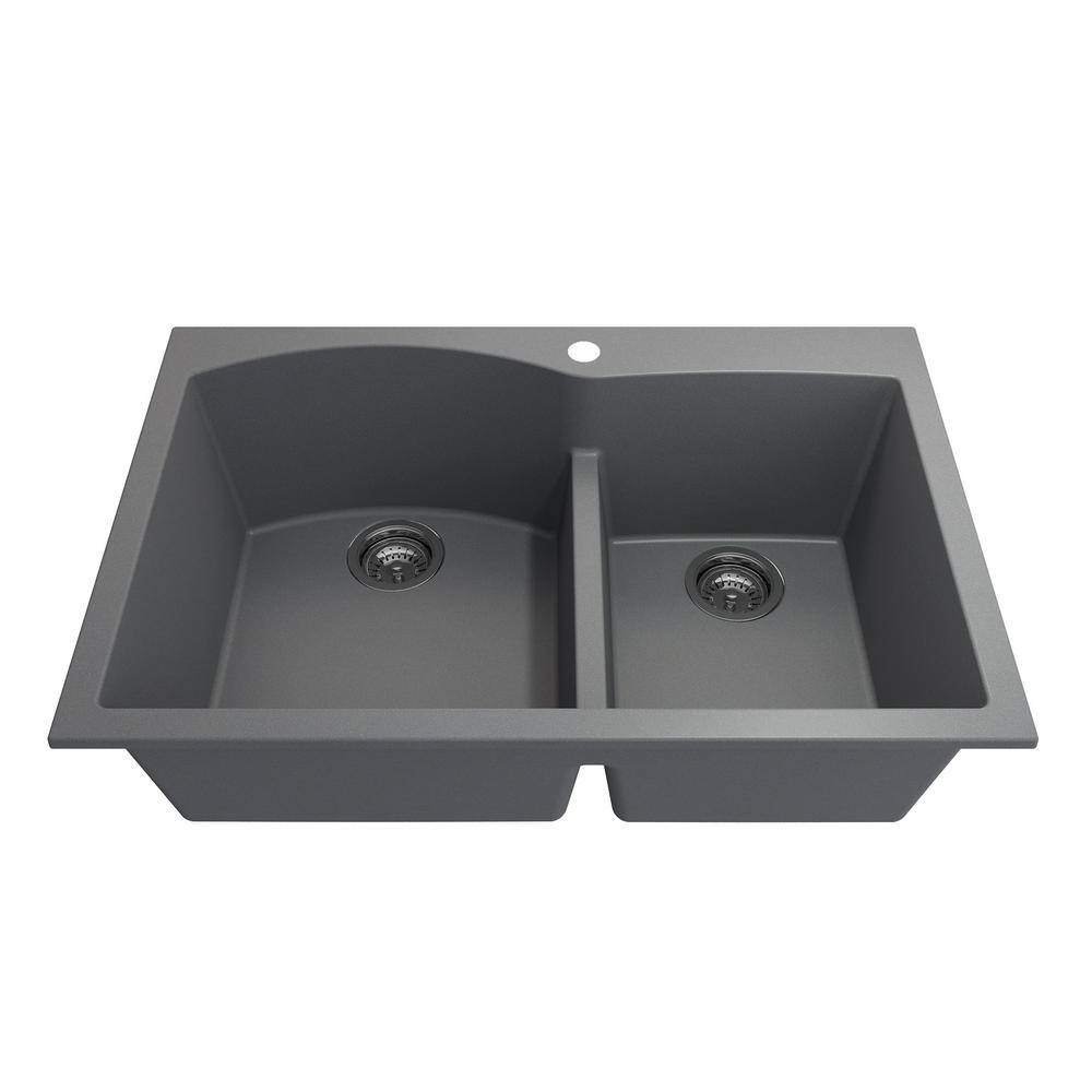 BOCCHI Campino Duo Concrete Gray Granite Composite 33 in. 6040 Double Bowl Drop-InUndermount Kitchen Sink with Faucet 1602-506-2019SS