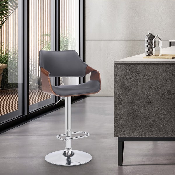 Grey Faux Leather and Walnut Wood and Chrome Swivel Adjustable Bar Stool - 45