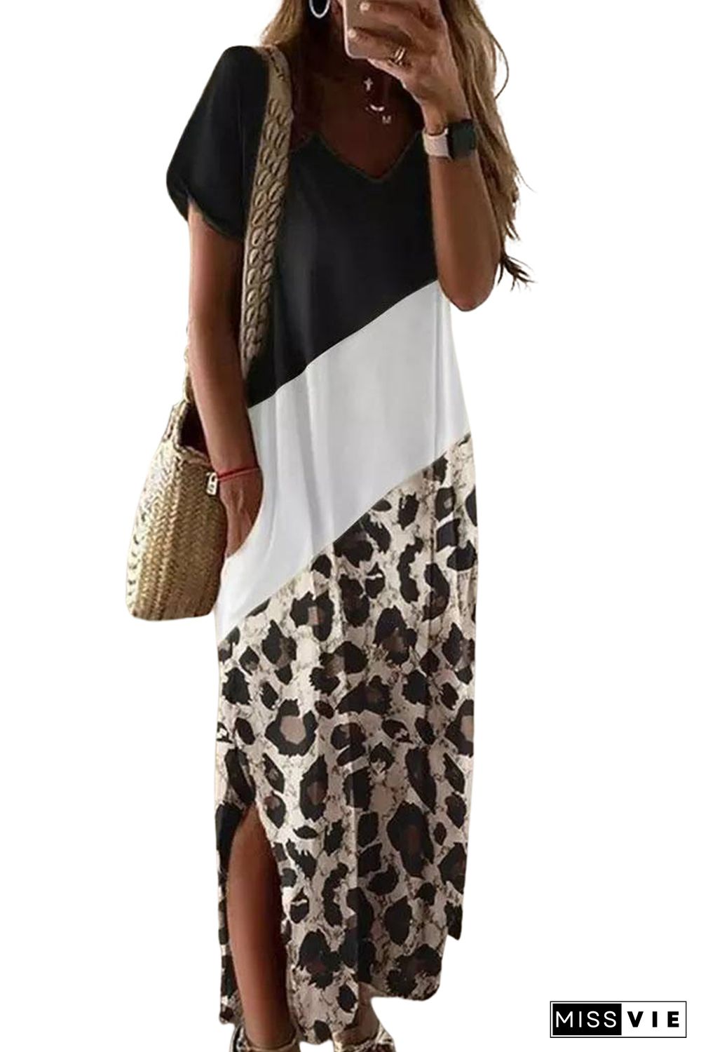 Black Leopard Color Block Side Slit T Shirt Maxi Dress