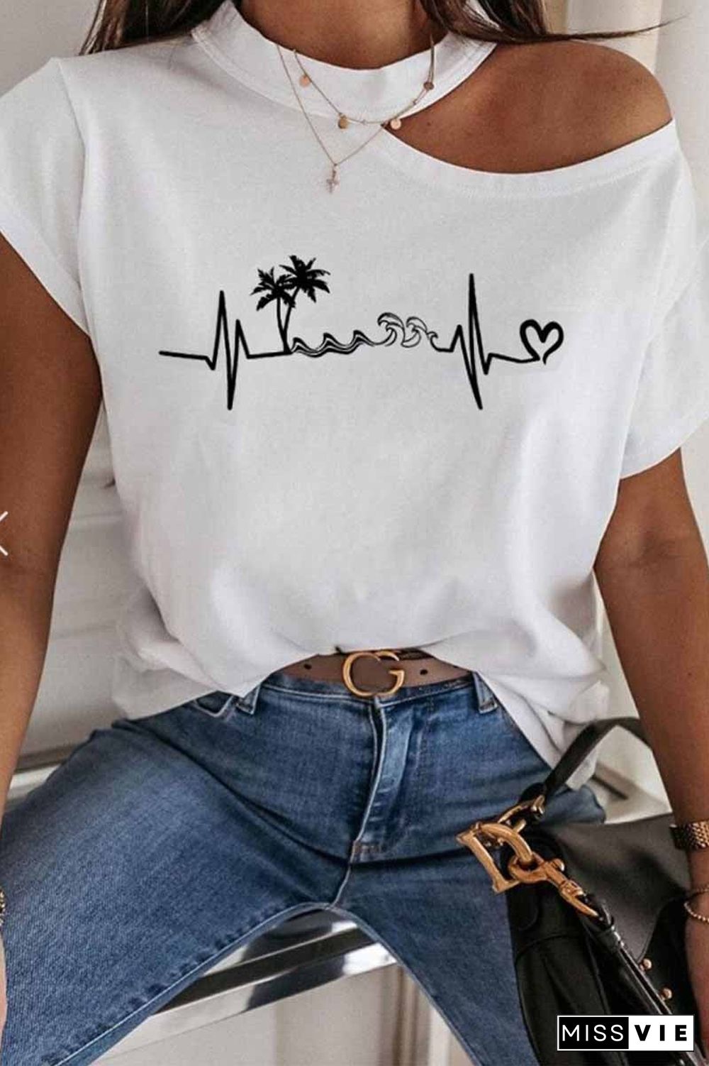 Print Cold Shoulder Short Sleeve T-shirt