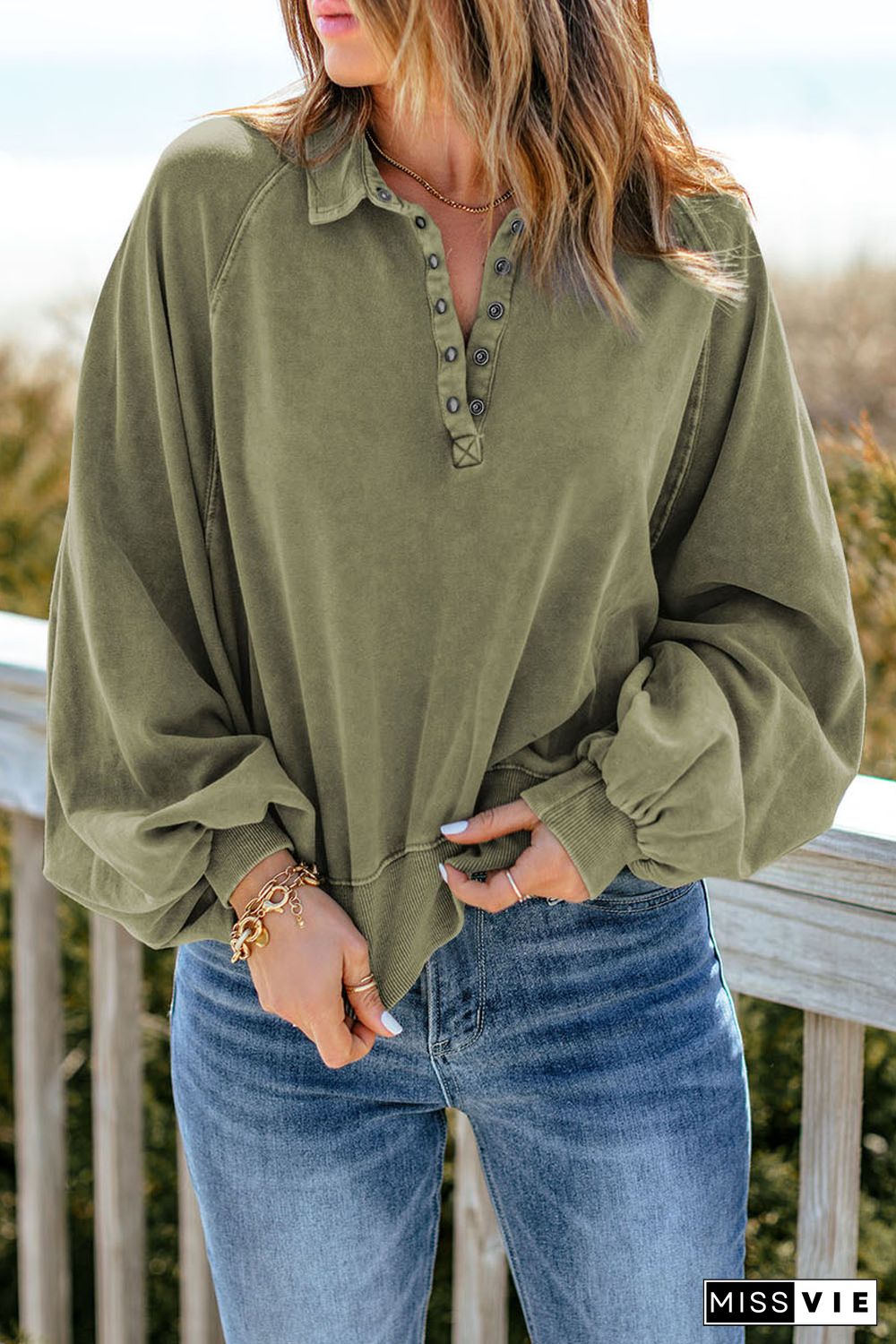 Green Washed Snap Buttons Lantern Sleeve Pullover Sweatshirt