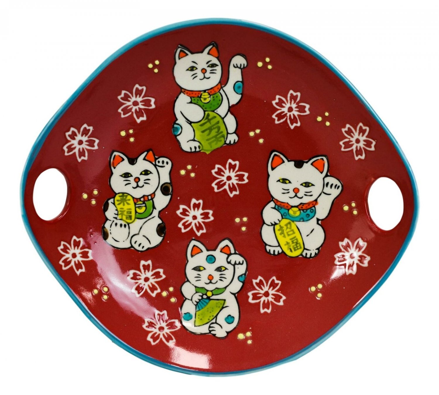 1 Red Maneki Neko Lucky Cats Appetizer Coupe Plate Flat Bowl With Chopsticks Set EBR02