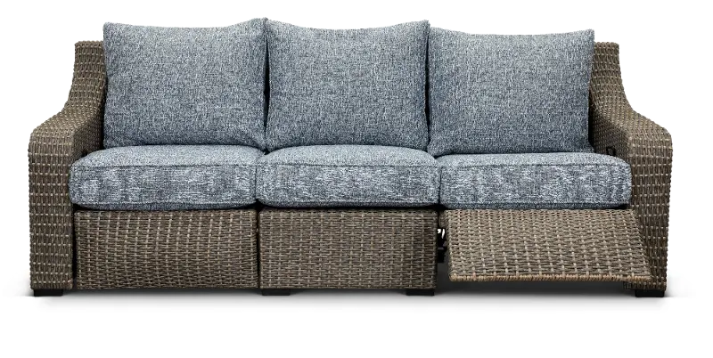 Lemans Gray Wicker Patio Motion Sofa with Blue Cushions