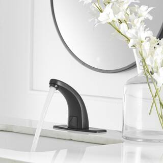 BWE DC Powered Commercial Touchless Single Hole Bathroom Faucet With Deck Plate  Pop Up Drain In Matte Black A-918102-B-2