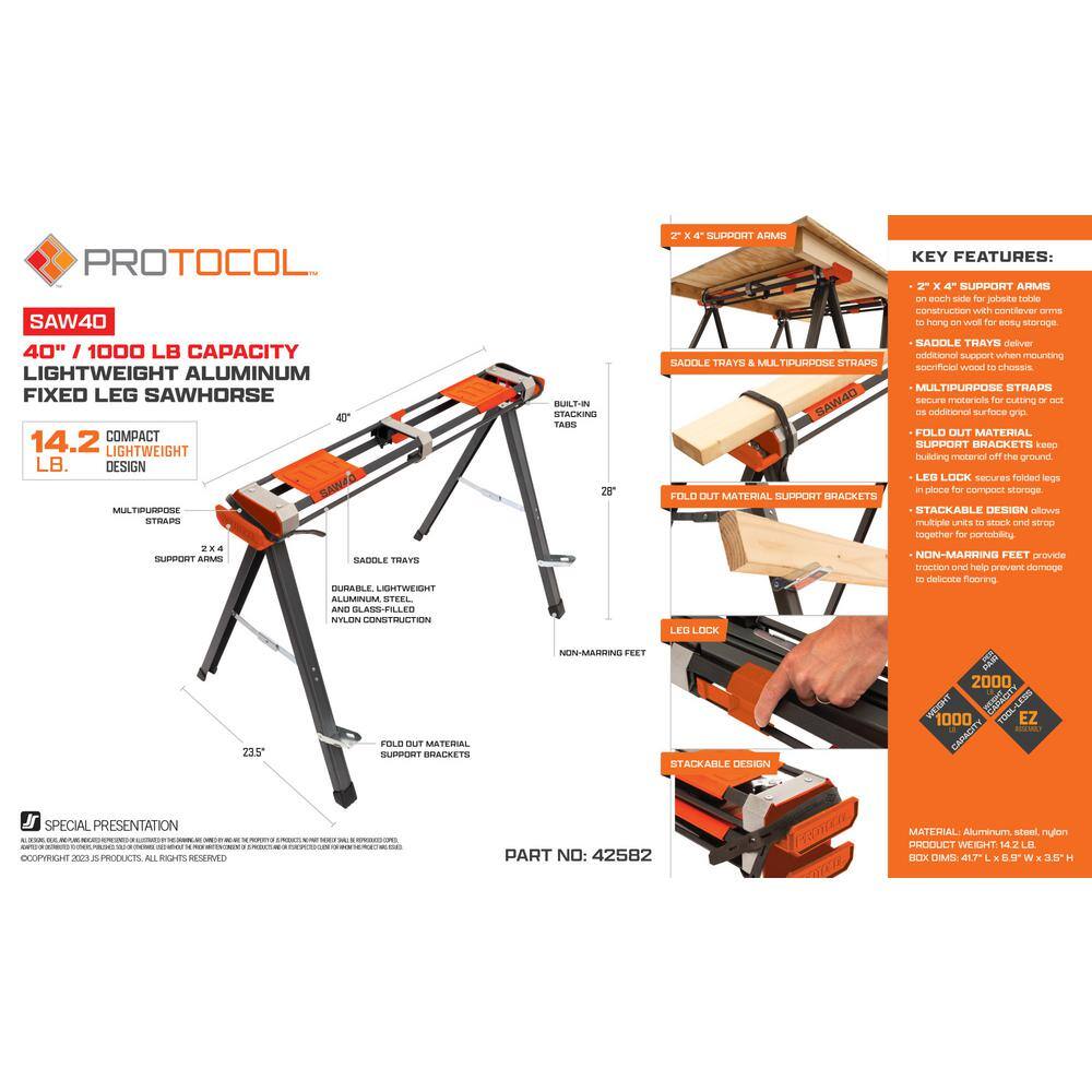 PROTOCOL 29 in. x 40 in. Lightweight Aluminum Sawhorse with 1000 lbs. Capacity SAW40