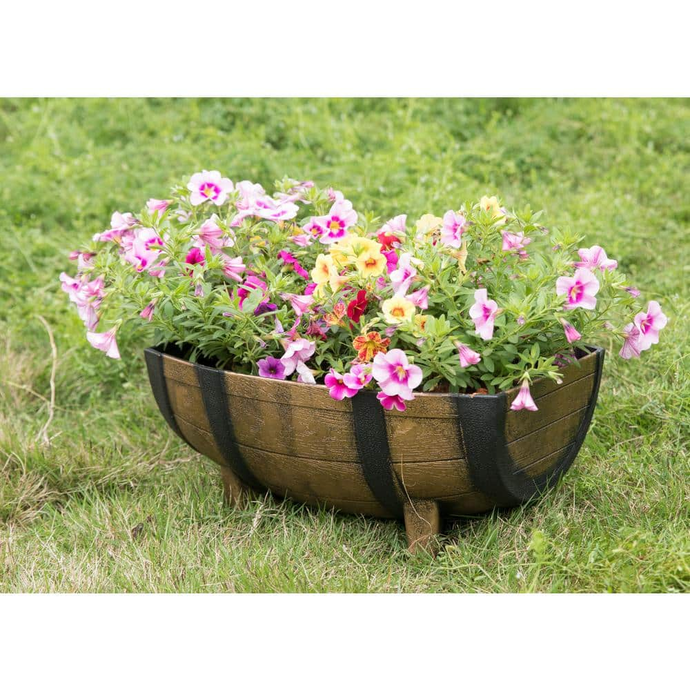 Gardenised Rustic Wood-Look Plastic Half Barrel Flower Pot Garden Planter (Pack of 2) QI003695