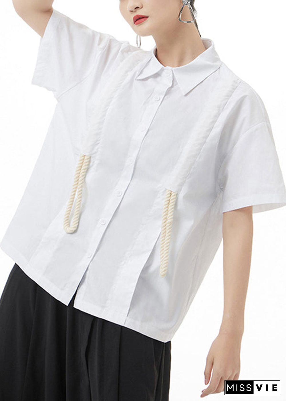 White Baggy Cotton Shirt Top Drawstring Short Sleeve