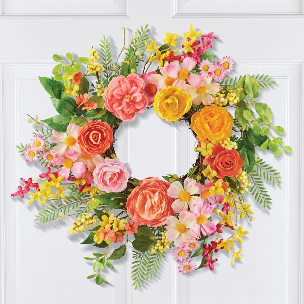 Collections Etc Colorful Pink And Yellow Rose Hanging Wreath Under 24 Inches