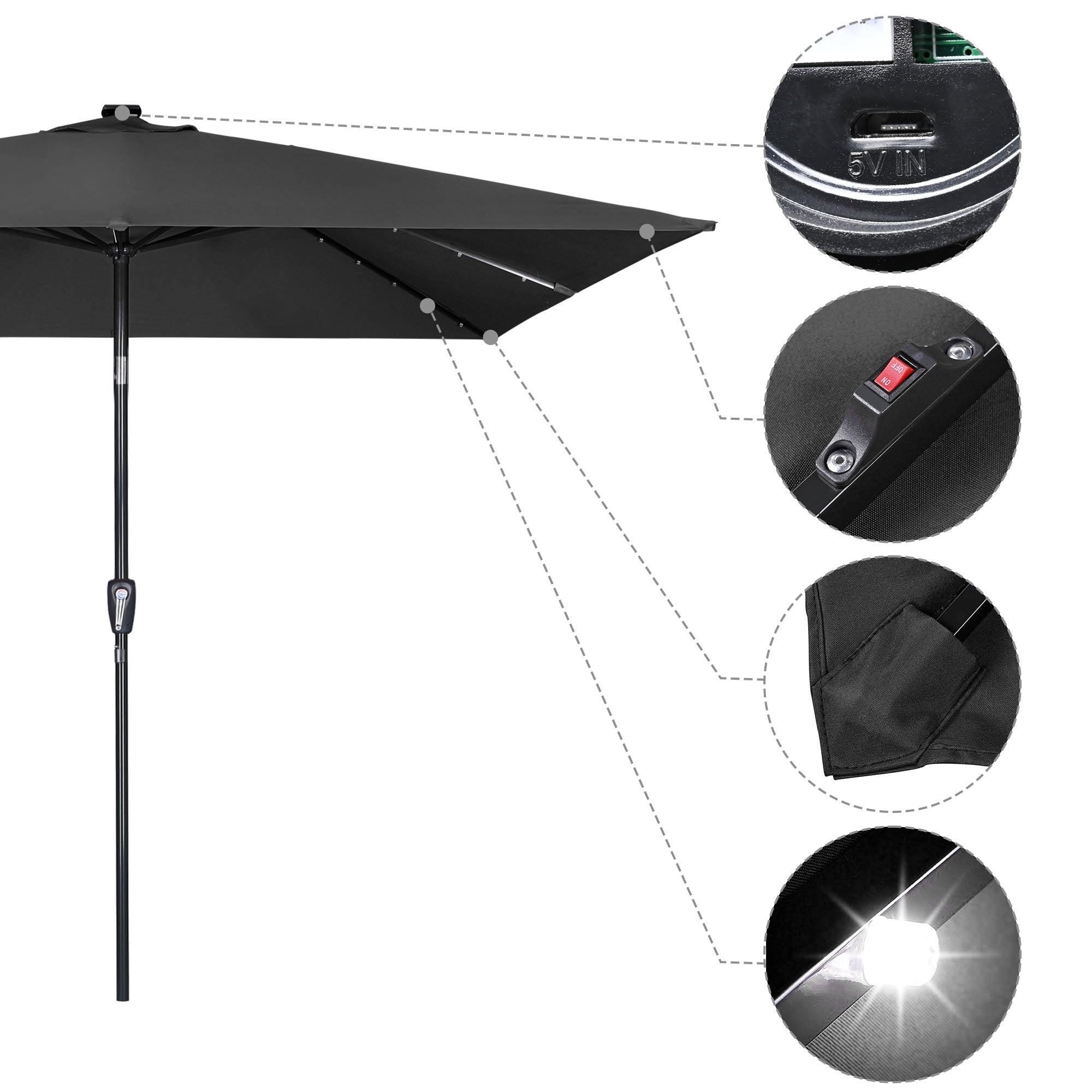 LAGarden 10x10 Ft LED Light Patio Umbrella Solar Power 8-Rib Tilt Aluminum for Outdoor Yard Table, USB Port Black