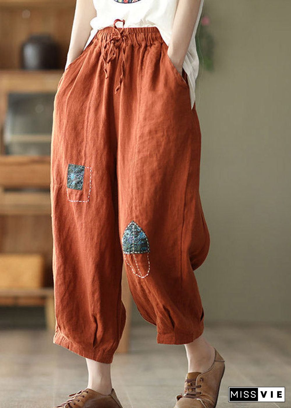 Orange Pockets Tie Waist Linen Harem Pants Summer