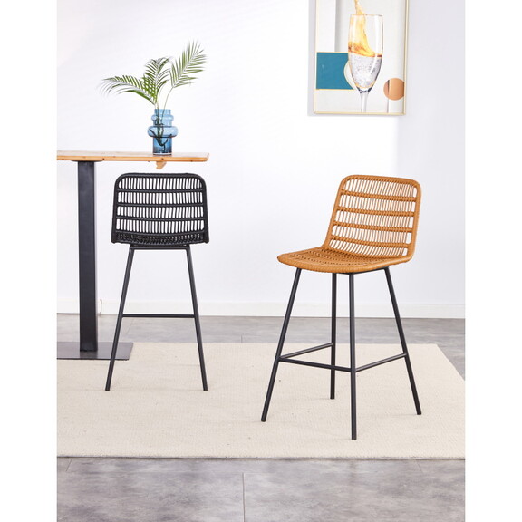 Rattan Bar Stool NTRL w/Black Mtl Frame TrckShp (C...