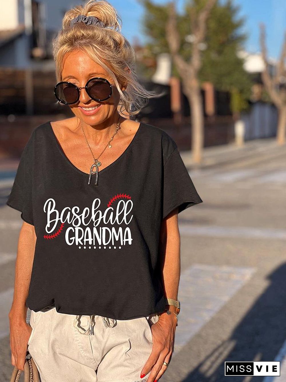 Baseball Grandma Print Loose Leisure T-Shirt