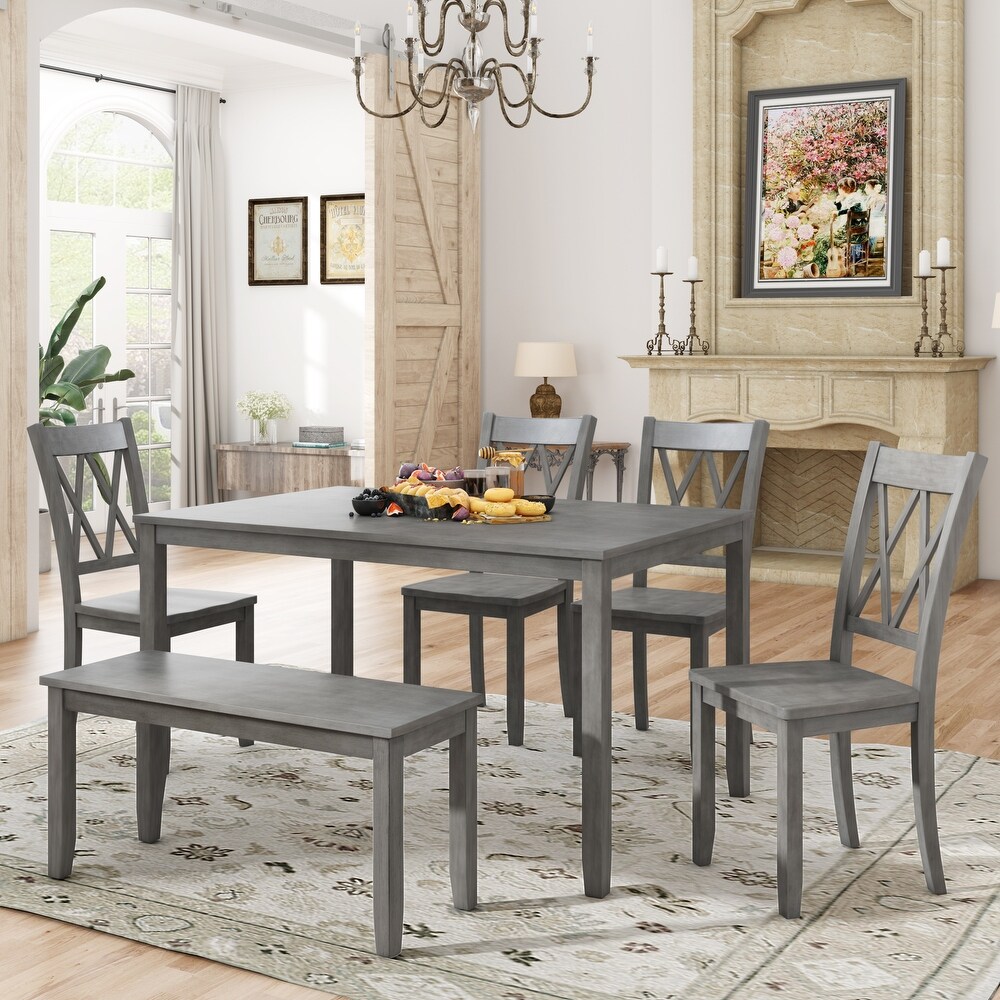 Classic Farmhouse 6 piece Wooden Dining Set with Rectangular Dining Table and Cross Back Side Chairs   Bench  for Dining Room