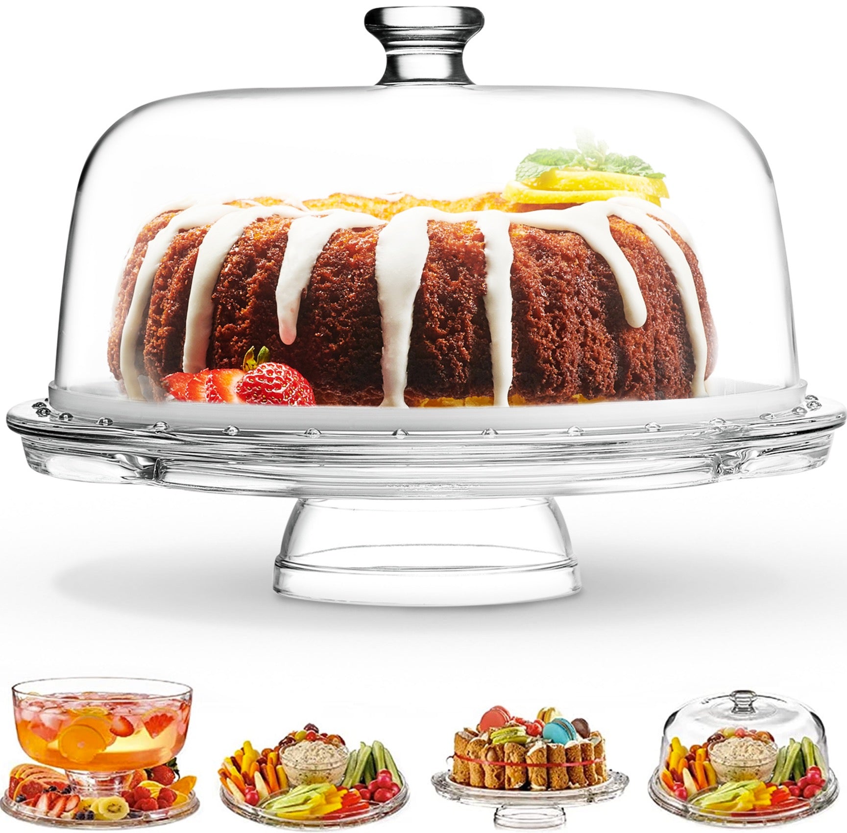 Royalty Art European Cake Stand with Dome 6-in-1 Design Multifunctional Serving Platter for Kitchens， Dining Rooms， Pedes Glass Durabilitytal or Cover Use， Elegant Product Name