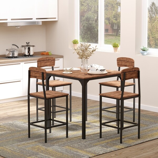 Counter Height Bar Table Set for 4 with Footrest，Metal Legs