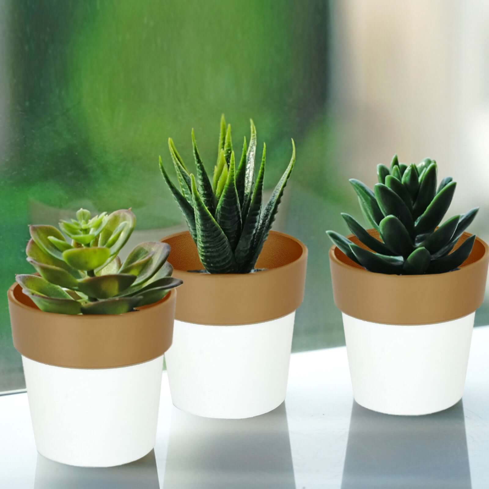 3 Pack White Gold Rimmed Small Flower Plant Pots, Indoor Decorative Planters 3