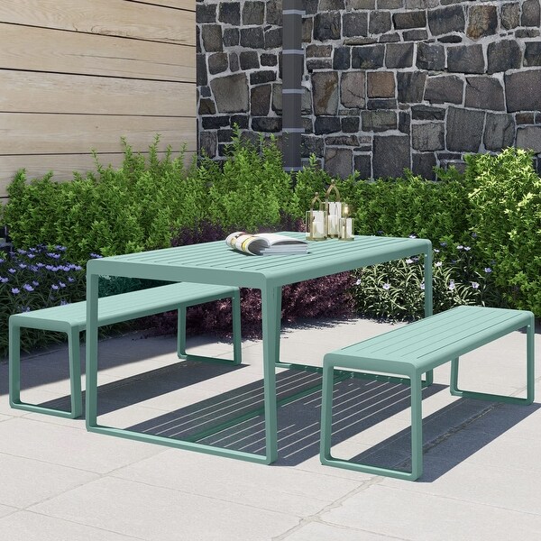 Aoodor Outdoor 3Piece Aluminum Picnic Table Set，Rectangular Patio Dining Table with Benches