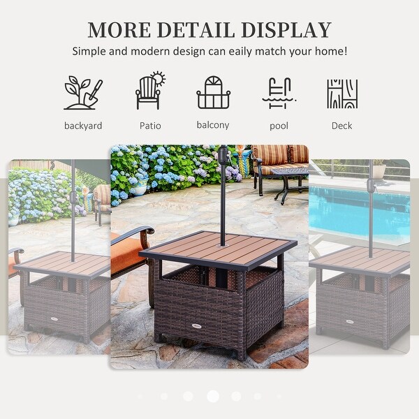 Outdoor Rattan Wicker Side Table with Steel Frame，Umbrella Insert Hole and Sand Bag，Brown