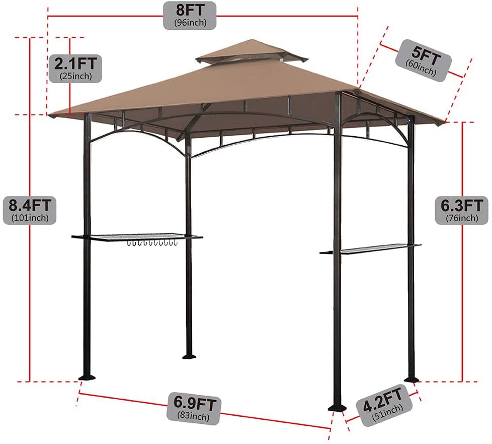 Eurmax 5x8 Grill Gazebo for Patio and Outdoor Backyard BBQ's,with Bar Counters, Bonus LED Light X2(Khaki)