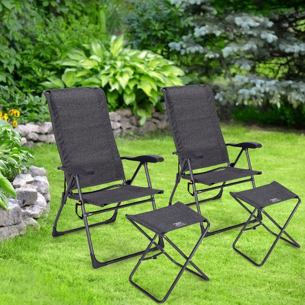 Costway 4pcs Patio Folding Dining Chair Ottoman Set Adjustable Back Camp Gray black