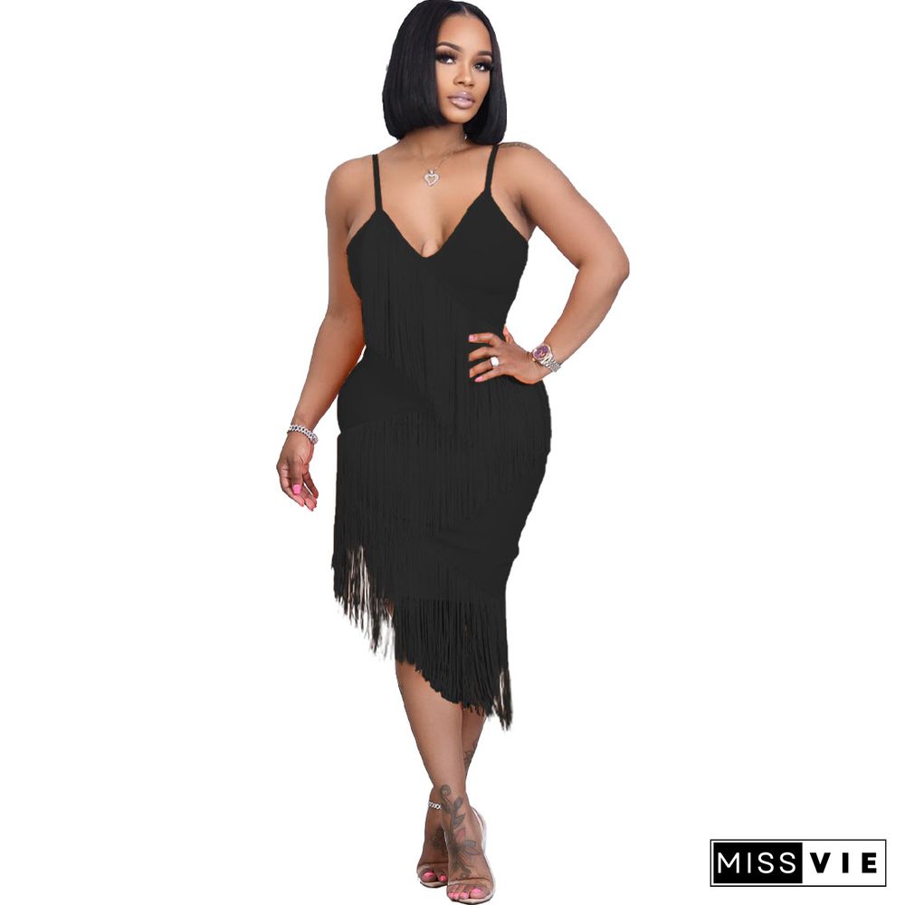 Deep V-Neck Tassel Club Party Bodycon Dress