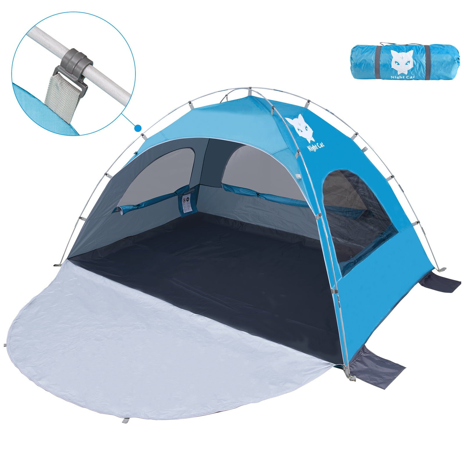 Night Cat Beach Tent Portable Camping Sun Shade Shelter for 2-3 Persons with UV Protection 3 Breathable Mesh Windows Extended Tent Floor Easy Set Up Outdoor Blue