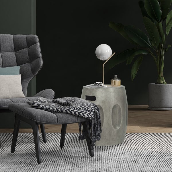 Adeco Concrete End Table with Handles Round Drum-Shaped Side Table