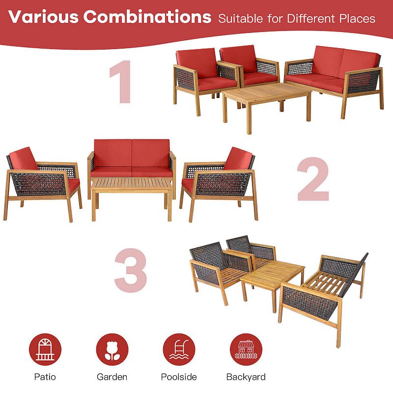 4 Pieces Patio Rattan Furniture Set with Removable Cushions