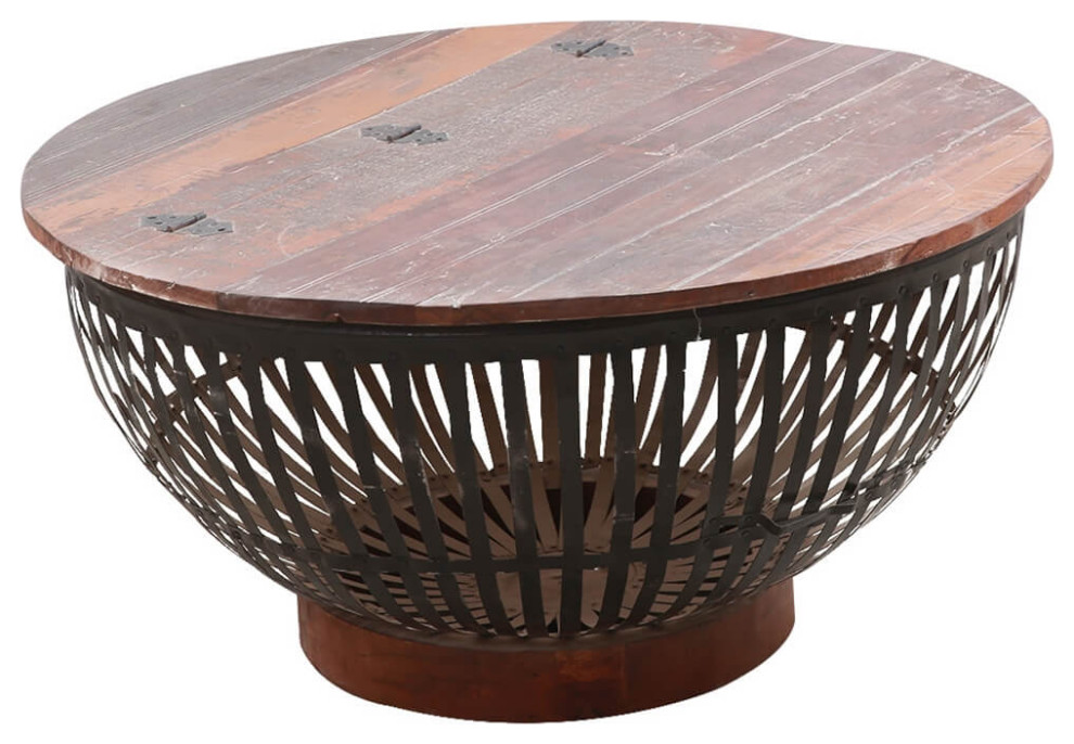 Barkerville Rustic Solid Wood and Iron Cage Drum Coffee Table   Industrial   Coffee Tables   by Sierra Living Concepts Inc  Houzz